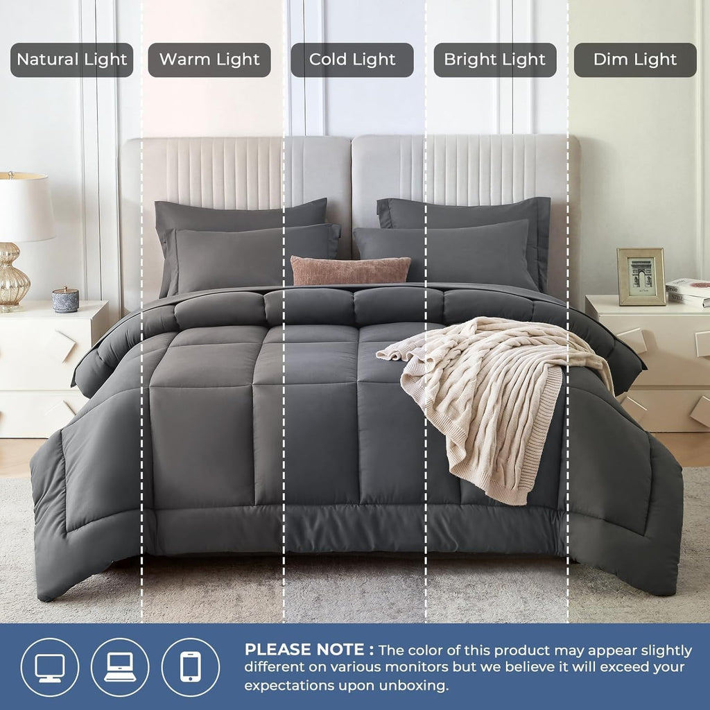 Sasttie Queen Comforter Set, 7 Pieces Bed in a Bag Queen, Complete Bedding Set Includes Grey Comforter, Flat Sheet, Fitted Sheet, Pillowcases and Pillow Shams, Dark Grey