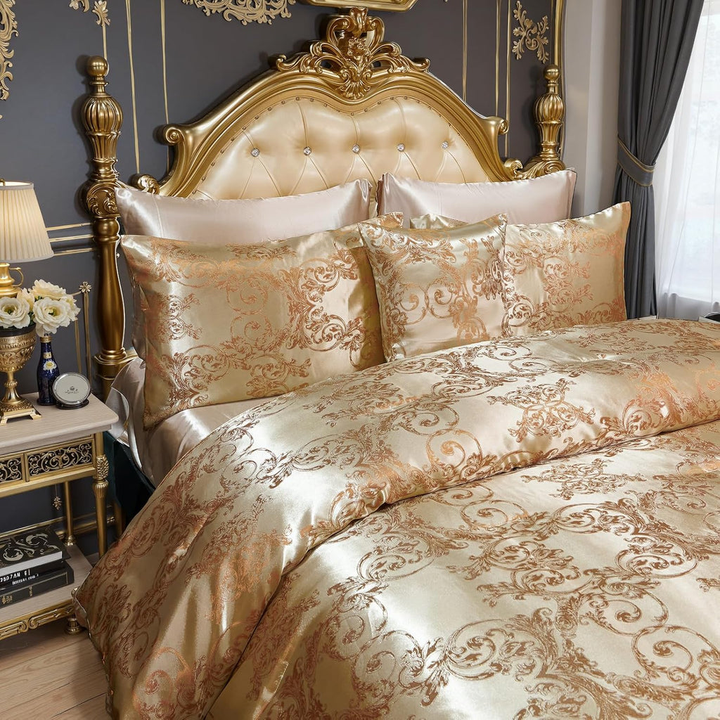 Queen Size 8-Piece Jacquard Comforter Set with Satin Sheets Set – Elegant Coordinated Bedding Collection for Bedroom