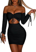 GOBLES Women'S Sexy Tube Long Sleeve Cutout Drawstring Ruched Bodycon Mini Club Dress Black