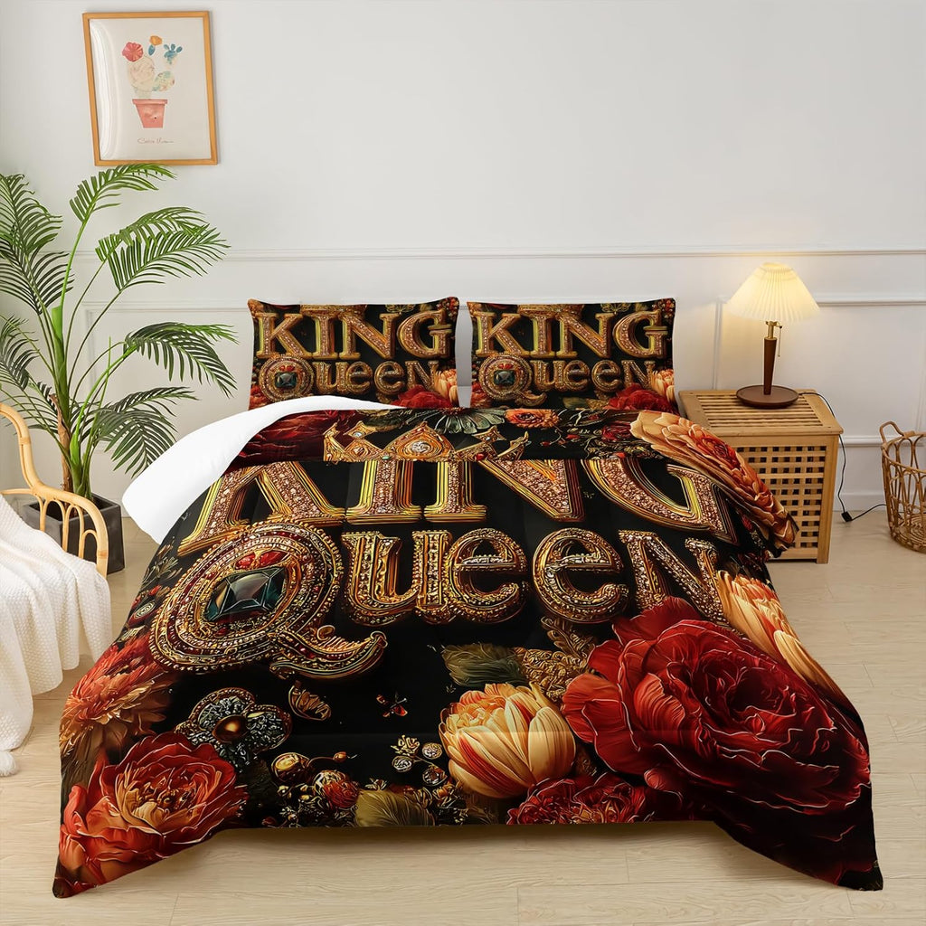 King and Queen Comforter Set Black and Gold，King and Queen Bedding Set，Red Floral Quilt Set Queen Size，With 1 Comforter with 2 Pillow Case