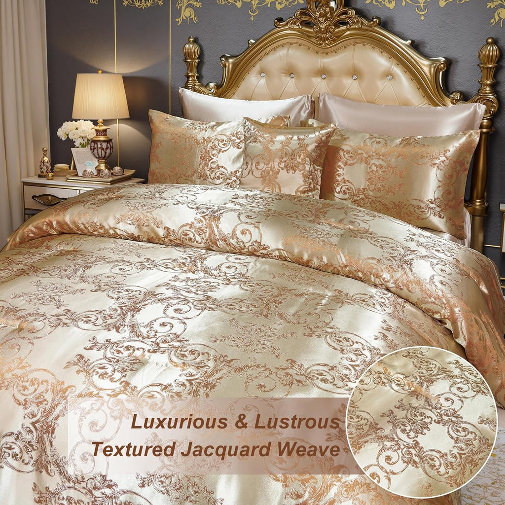 Queen Size 8-Piece Jacquard Comforter Set with Satin Sheets Set – Elegant Coordinated Bedding Collection for Bedroom