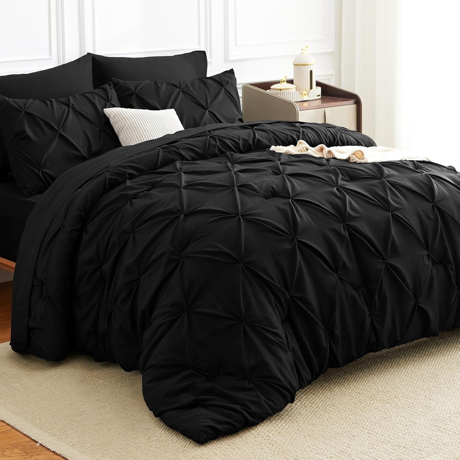 Pintuck Bed in a Bag, 7 Pieces Queen Size Comforter Set Black, Luxury Pinch Pleat Bed in a Bag, Soft All Season Bedding Sets with Comforter, Flat Sheet, Fitted Sheet and Pillowcases & Shams