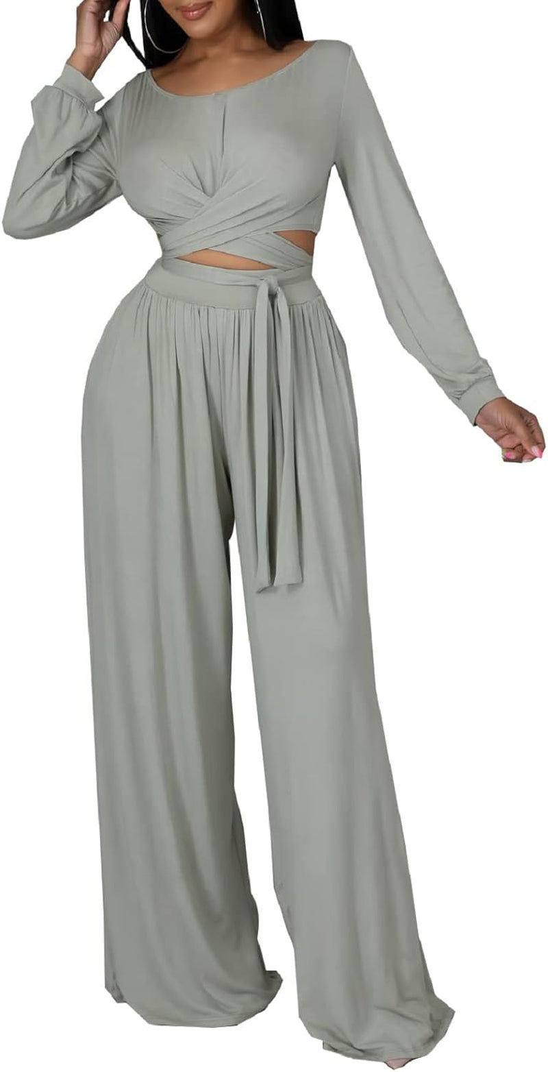 Yiershu Women'S 2 Piece Outfits Sexy Long Sleeve Tunic Tops Wide Leg Palazzo Pant Set Jumpsuit Tracksuit Sweatsuits (Gray,Large)