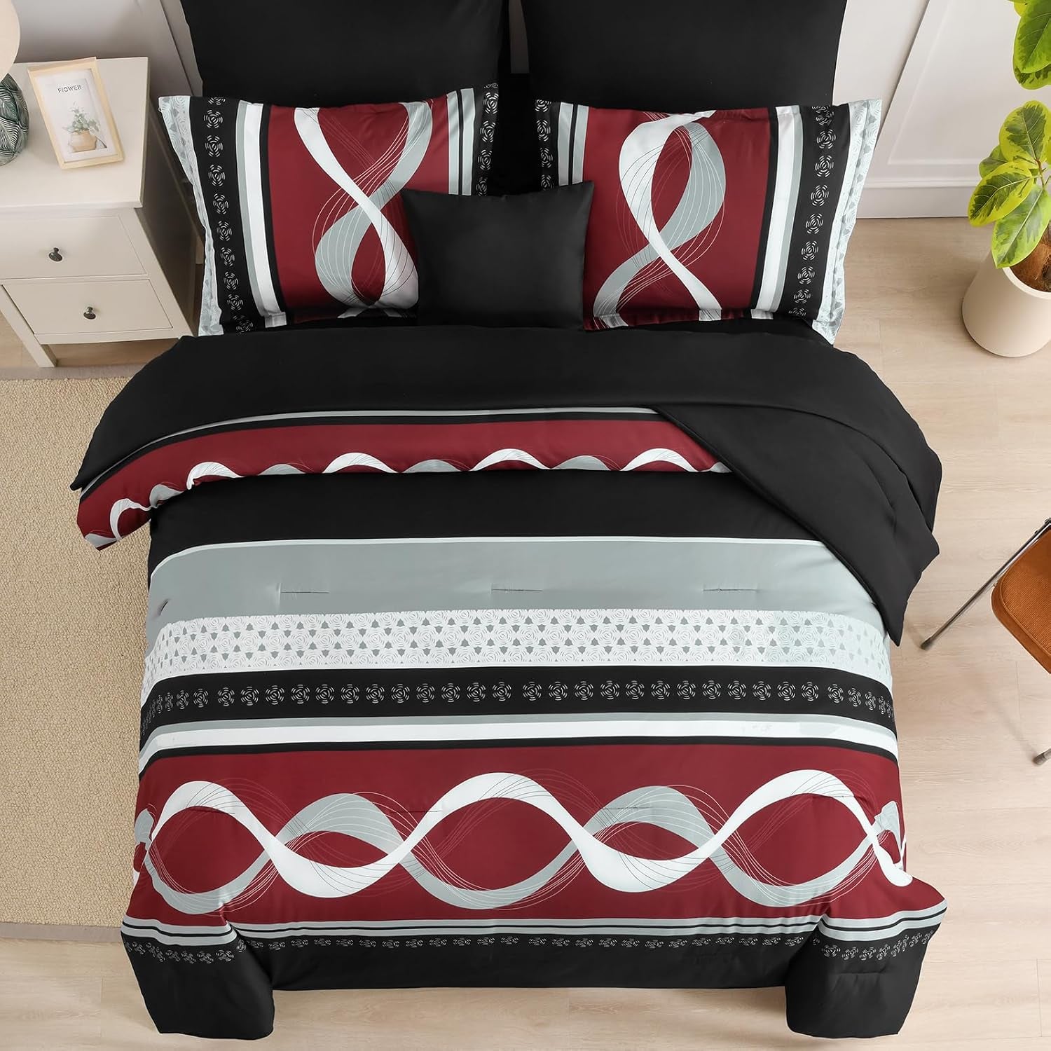 Anibedding Burgundy Comforter Set King Size,8 Pieces Bed in a Bag Patchwork Striped Bedding Sets,Boho Soft Microfiber Bedding Set for All Season(104"×90")