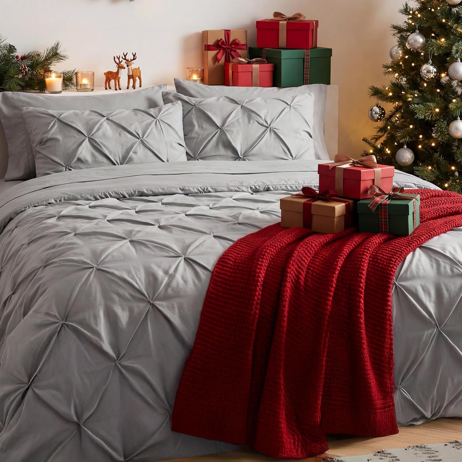 Bedsure Queen Comforter Set Grey - Bed in a Bag Queen Size Bedding 7 Pieces, Gentlesoft™ Pintuck Bed Set Gift for Family, All Season down Alternative Comforter with Sheets, Pillowcases & Shams
