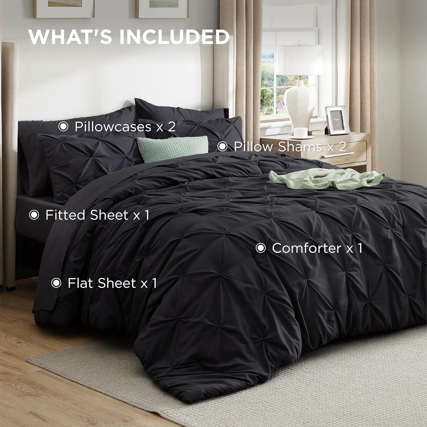 Bedsure Black Comforter Set - Bed in a Bag Queen Size Gothic Bedding 7 Pieces, Gentlesoft™ Pintuck Bed Set Gift for Family, All Season down Alternative Comforter with Sheets, Pillowcases & Shams