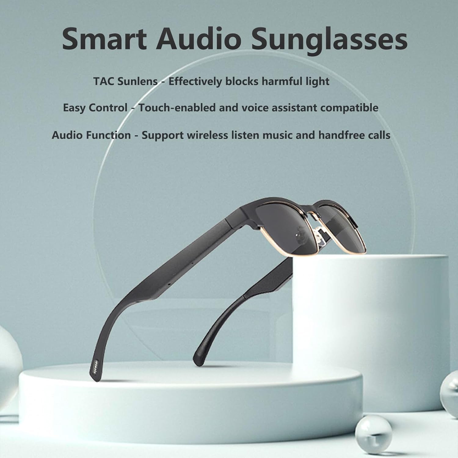 Bluetooth Glasses for Men,Smart Glasses,Bluetooth Sunglasses,Ip5 Water Resistant 6H Music Call for All Smart Devices-Blue Light Blocking (Sunlens-Gold)
