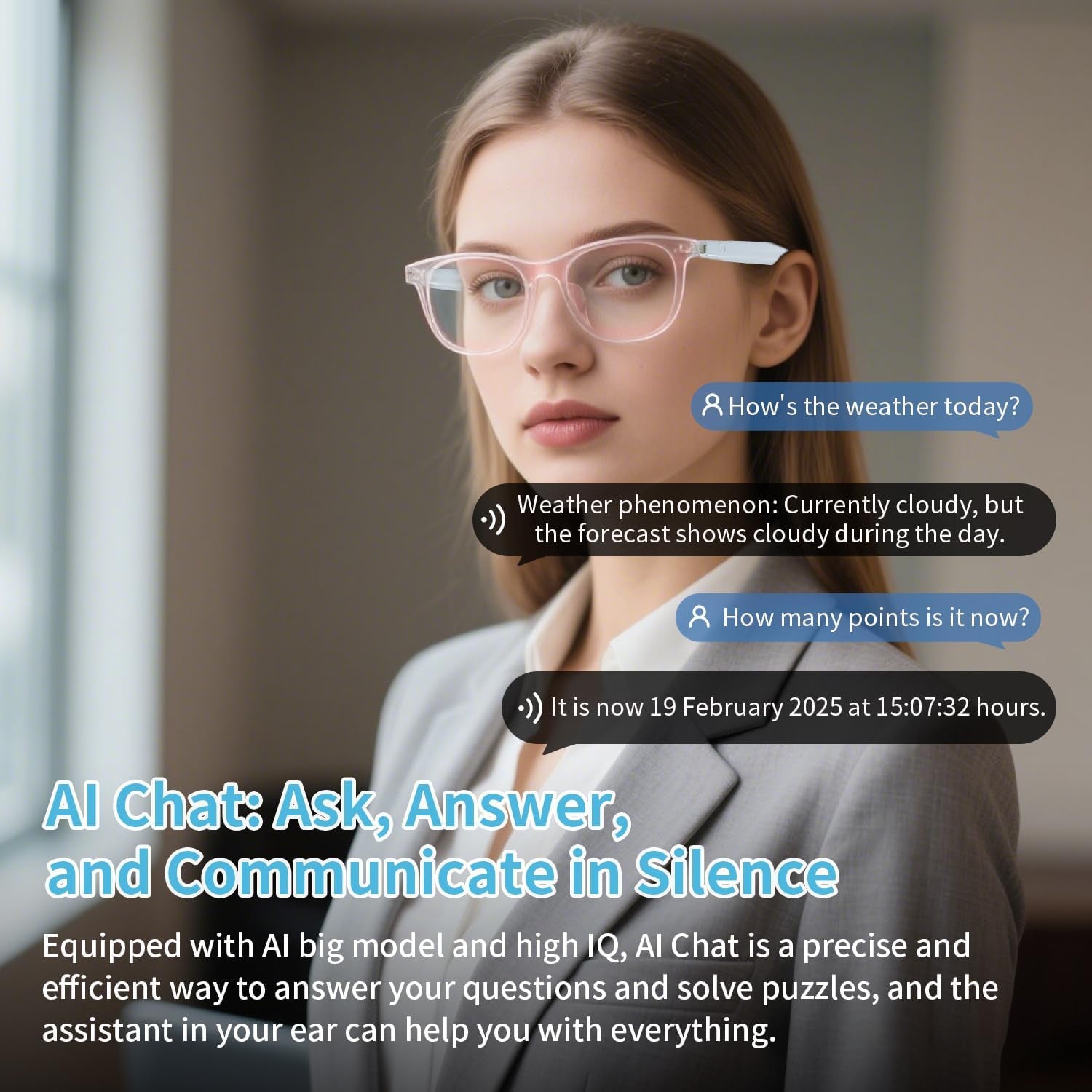 AI Smart Glasses for Women, Support 160+ Languages Real-Time Translation/ Live Recording/ AI Call Bluetooth Translator, Video & Voice Call, Powered by GPT, Translation Glasses for Work, Travel & Study