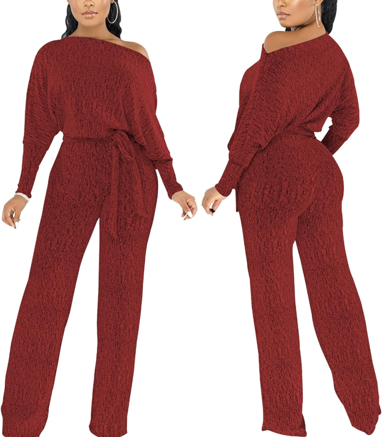 Zonjie Sexy Sparkly Sequin Jumpsuits for Women Elegant plus Size off Shoulder Long Sleeves Wide Leg Pants Clubwear Rompers,Wine Red