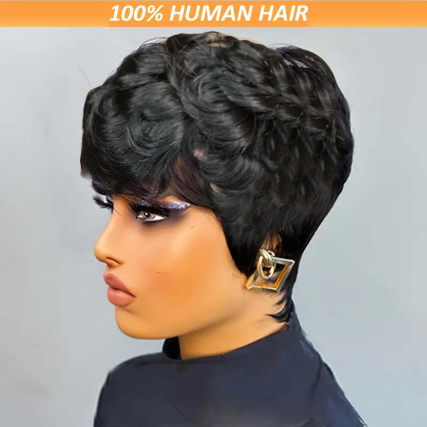 VRZ Short Curly Pixie Cut Wig - Human Hair Glueless Wig for Black Women - Natural Curly Color 1B