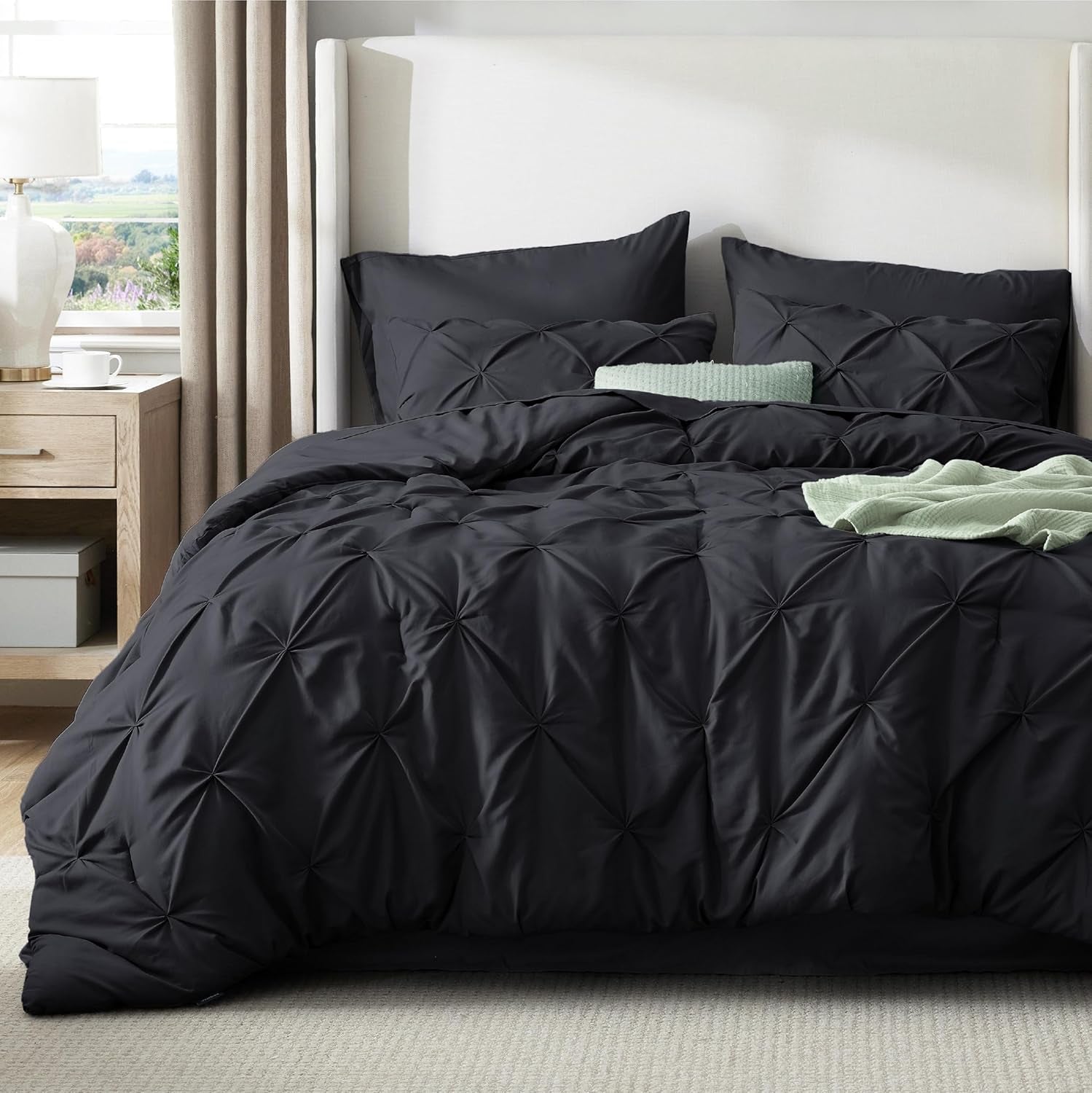 Bedsure Black Comforter Set - Bed in a Bag Queen Size Gothic Bedding 7 Pieces, Gentlesoft™ Pintuck Bed Set Gift for Family, All Season down Alternative Comforter with Sheets, Pillowcases & Shams