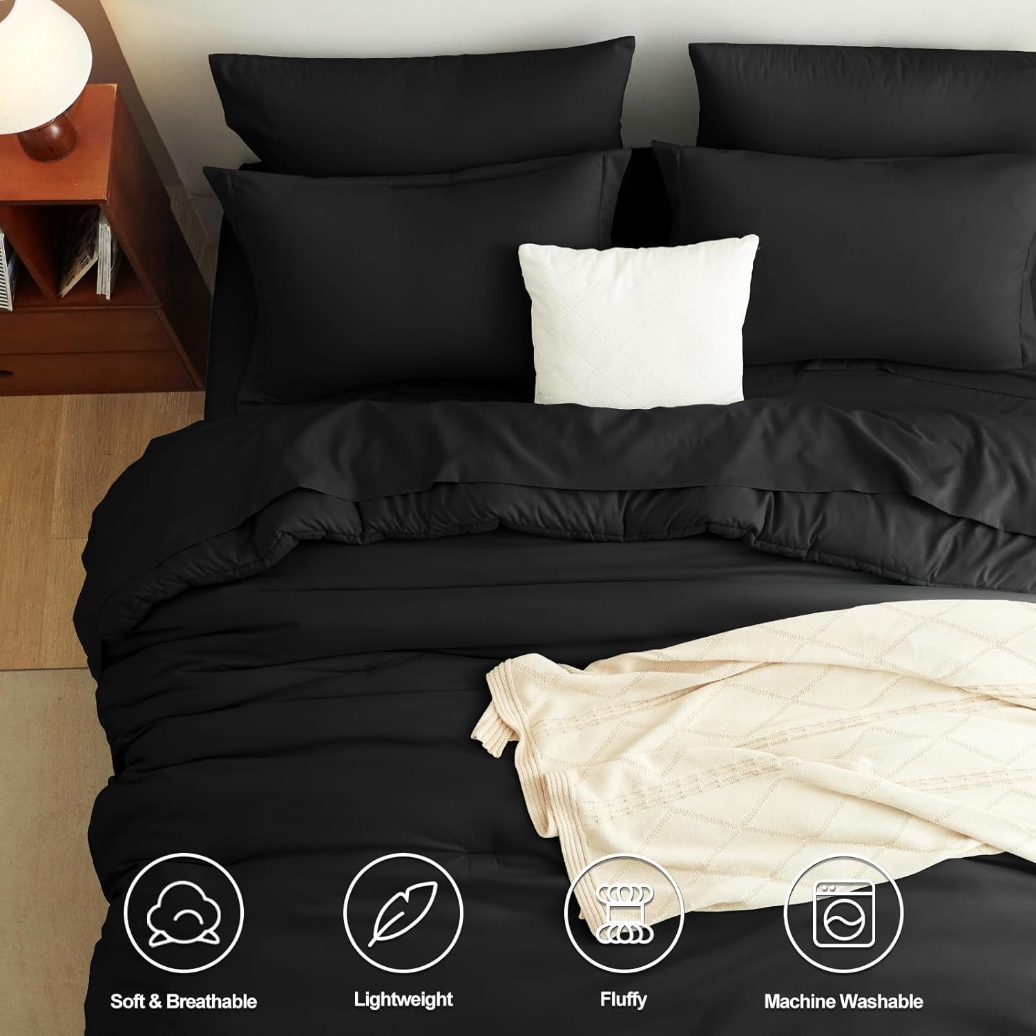 Cozylux Queen Comforter Set Black, 7 Pieces Bed in a Bag Soft Bedding Comforter Set with Sheets, All Season Boho 7PC Bed Sets with Comforter, Fitted Sheets, Flat Sheets, Pillow Shams and Pillowcases