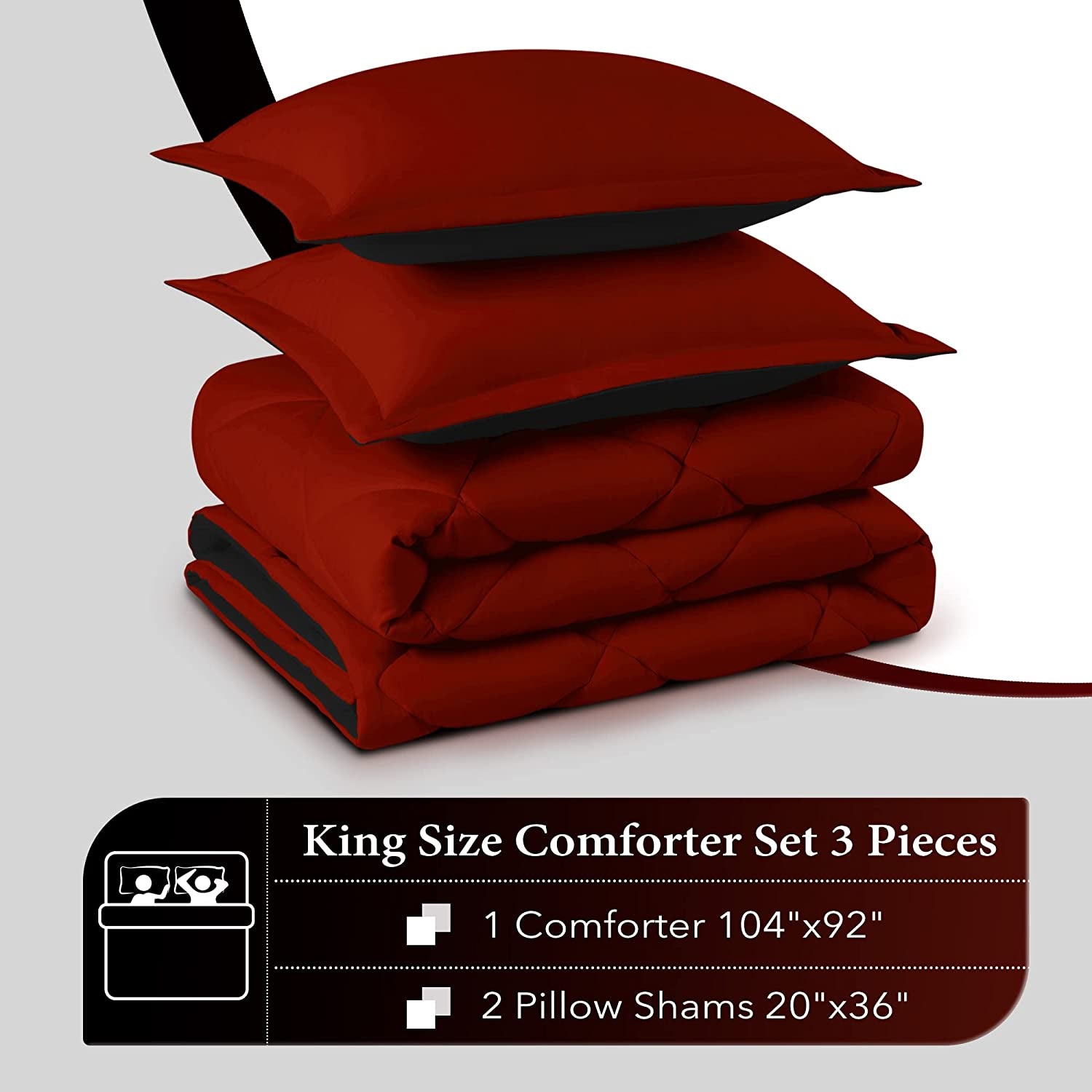 Downluxe King Size Comforter Set - Red and Black King Comforter, Soft Bedding Sets for All Seasons - 3 Pieces - 1 Comforter (104"X92") and 2 Pillow Shams(20"X36")