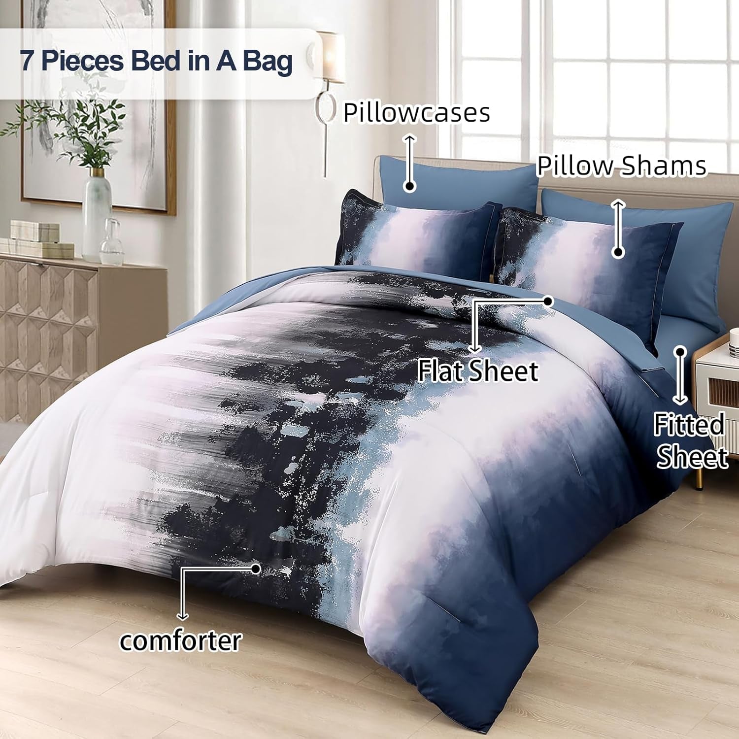 Dinjoy Ombre Blue Comforter Set King Size Gradient Navy Blue Black Boho Bedding Set for Teen Men Women 7 Pieces Bed in a Bag Bohemian Bed Set with Comforter, Sheets, Pillowcases & Shams