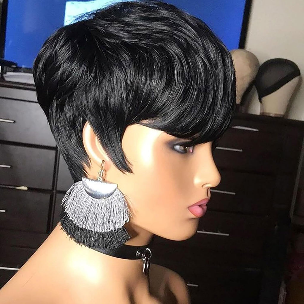 VRZ Short Curly Pixie Cut Wig - Human Hair Glueless Wig for Black Women - Natural Curly Color 1B
