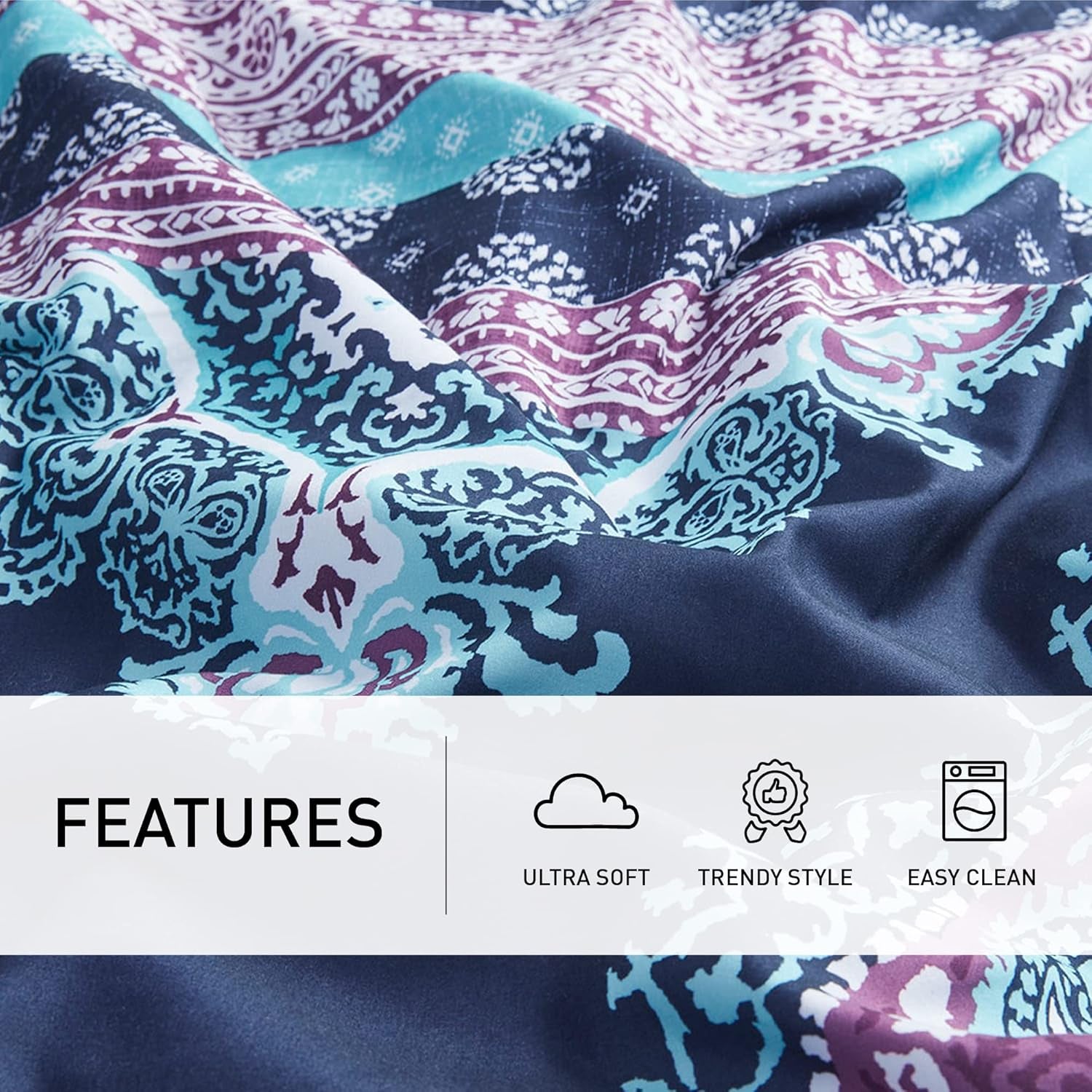 Degrees of Comfort Queen Bed Set, Boho Mandala Comforter Sets with Sheets,Blue Microfibe Bed in a Bag with Side Pockets, Matching Decorative Pillow, 8 Piece Navy