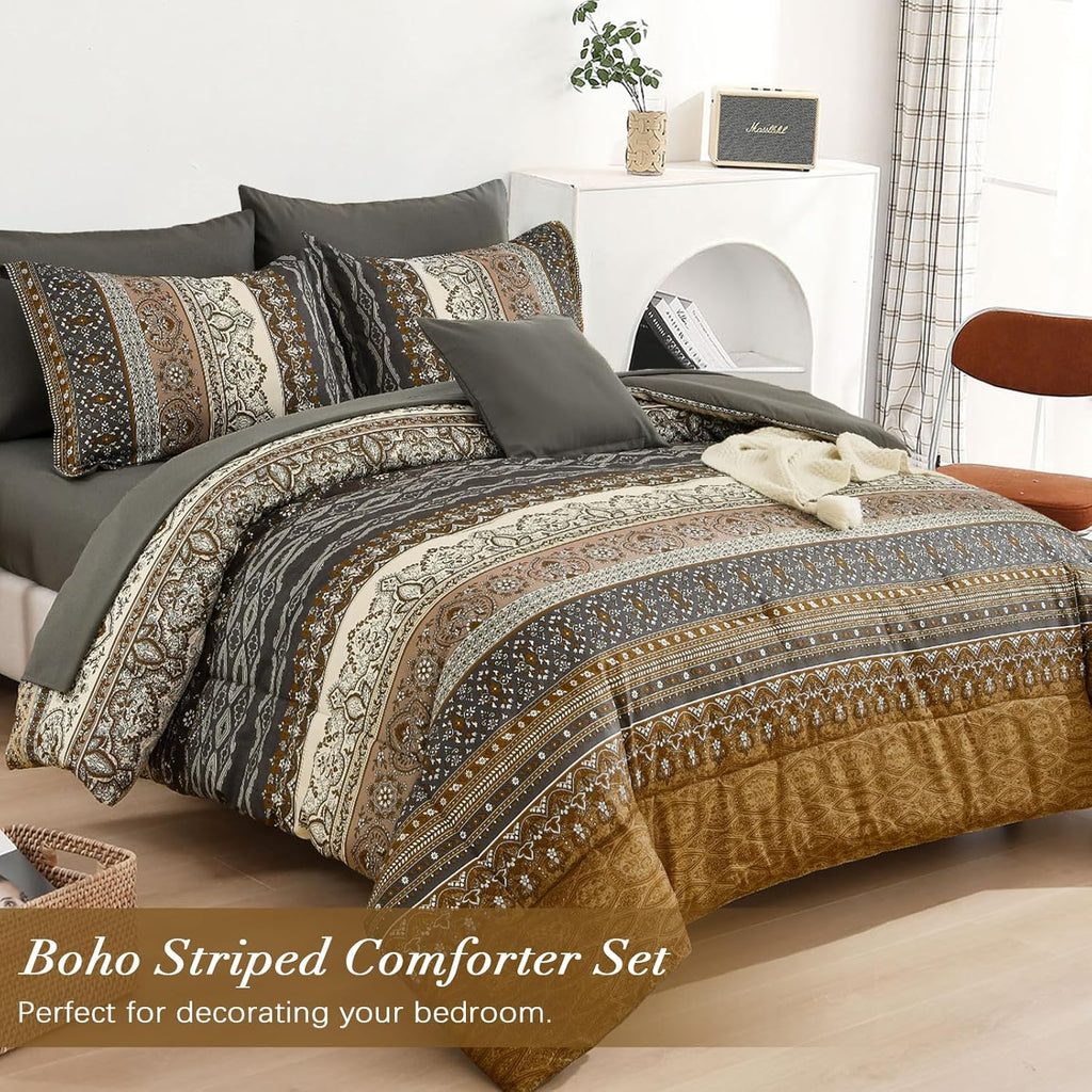 Cottolester Boho Queen Comforter Set 8 Pieces,Brown Black Bohemian Comforter Paisley Striped Bed in a Bag,Soft Microfiber Bedding Set for All Season