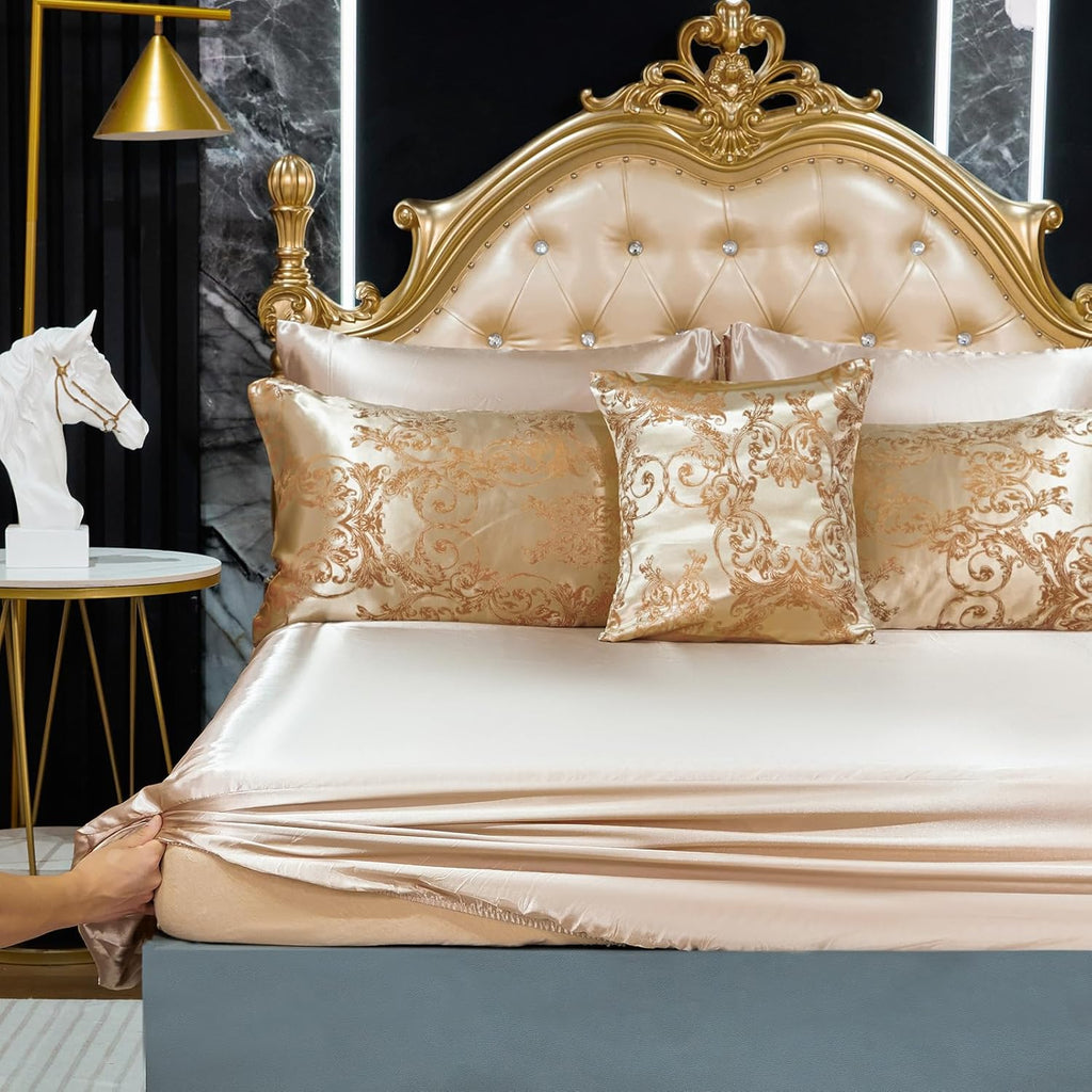 Queen Size 8-Piece Jacquard Comforter Set with Satin Sheets Set – Elegant Coordinated Bedding Collection for Bedroom