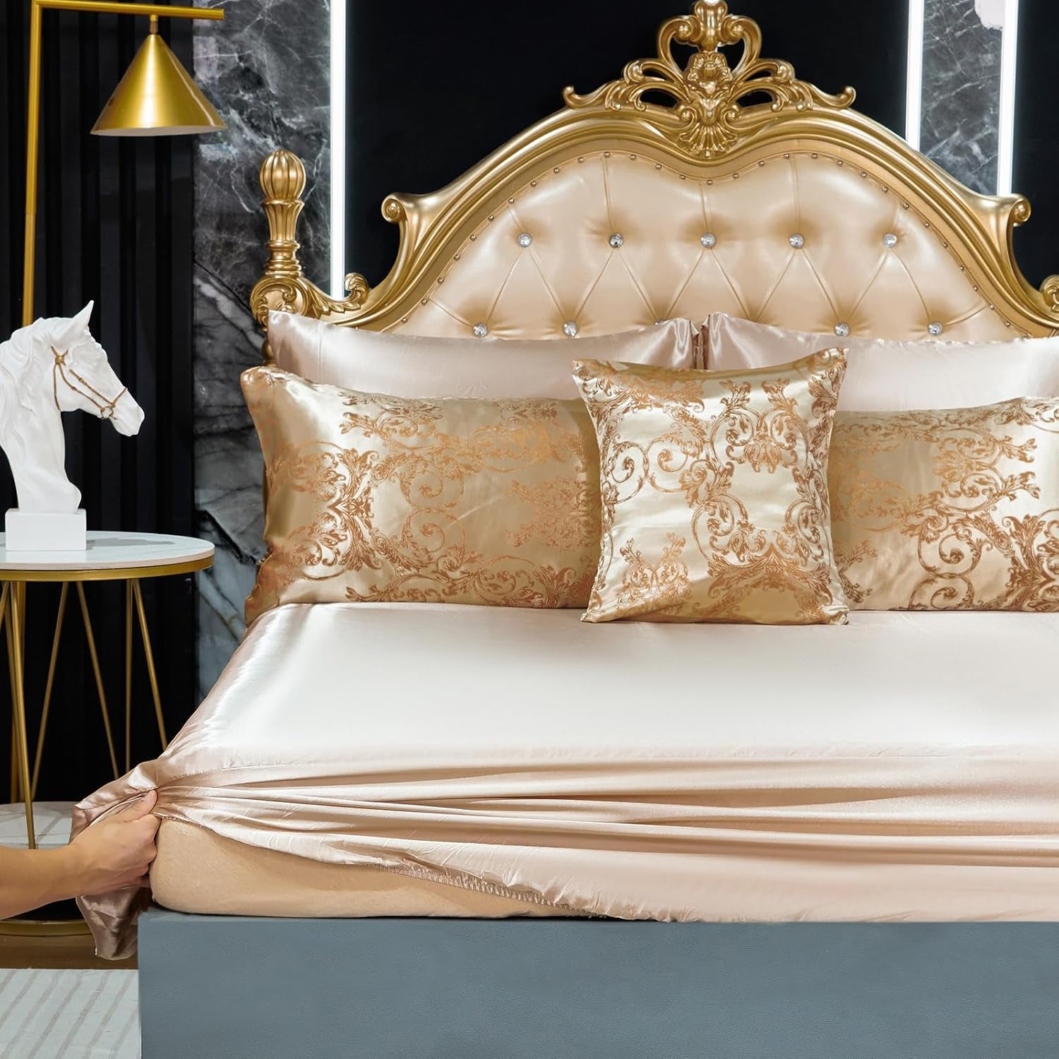Queen Size 8-Piece Jacquard Comforter Set with Satin Sheets Set – Elegant Coordinated Bedding Collection for Bedroom