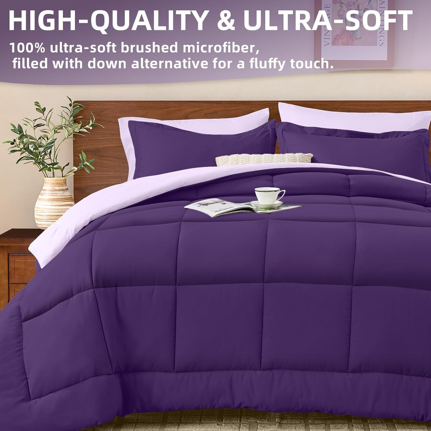 FUANNA Queen Size Comforter Set 7 PCS, Reversible Bed in a Bag Queen with All Season Soft Comforter, Bedding Set Includes Comforter, Flat Sheet, Fitted Sheet, Pillowcases & Shams, Deep Purple/Lavender