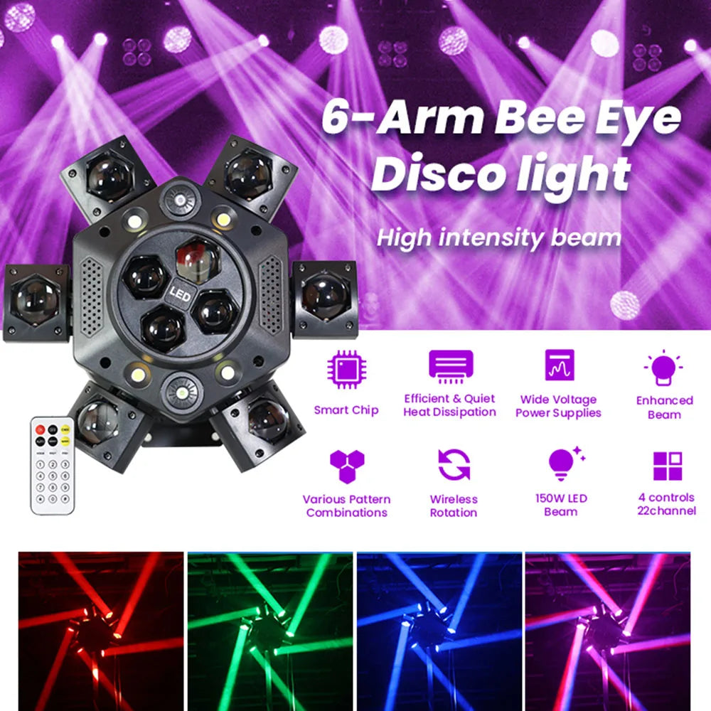 Professional 150W LED Beam Moving Head Light 6-Arm Bee Eye DJ Mobile Disco Lights RGBW Club Party Effect DMX512 Stage Lighting