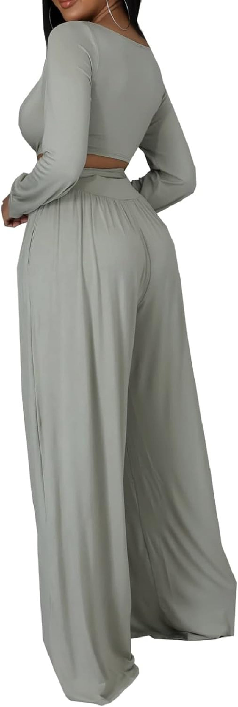 Yiershu Women'S 2 Piece Outfits Sexy Long Sleeve Tunic Tops Wide Leg Palazzo Pant Set Jumpsuit Tracksuit Sweatsuits (Gray,Large)