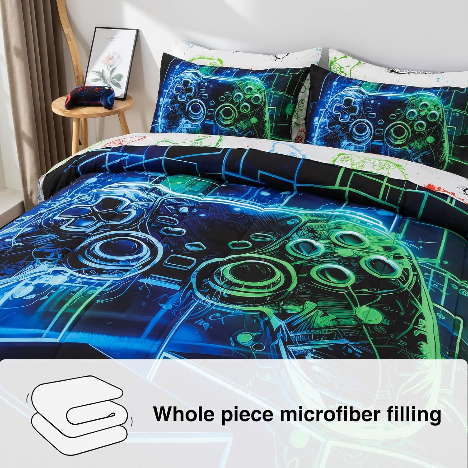 A Nice Night 5Pcs Gaming Comforter Set,Blue Green 3D Game Contoller Themed Keyboard Printing Bedding Sets for Kids Teen Boys, Reversible Comforter for All Seasons,Twin