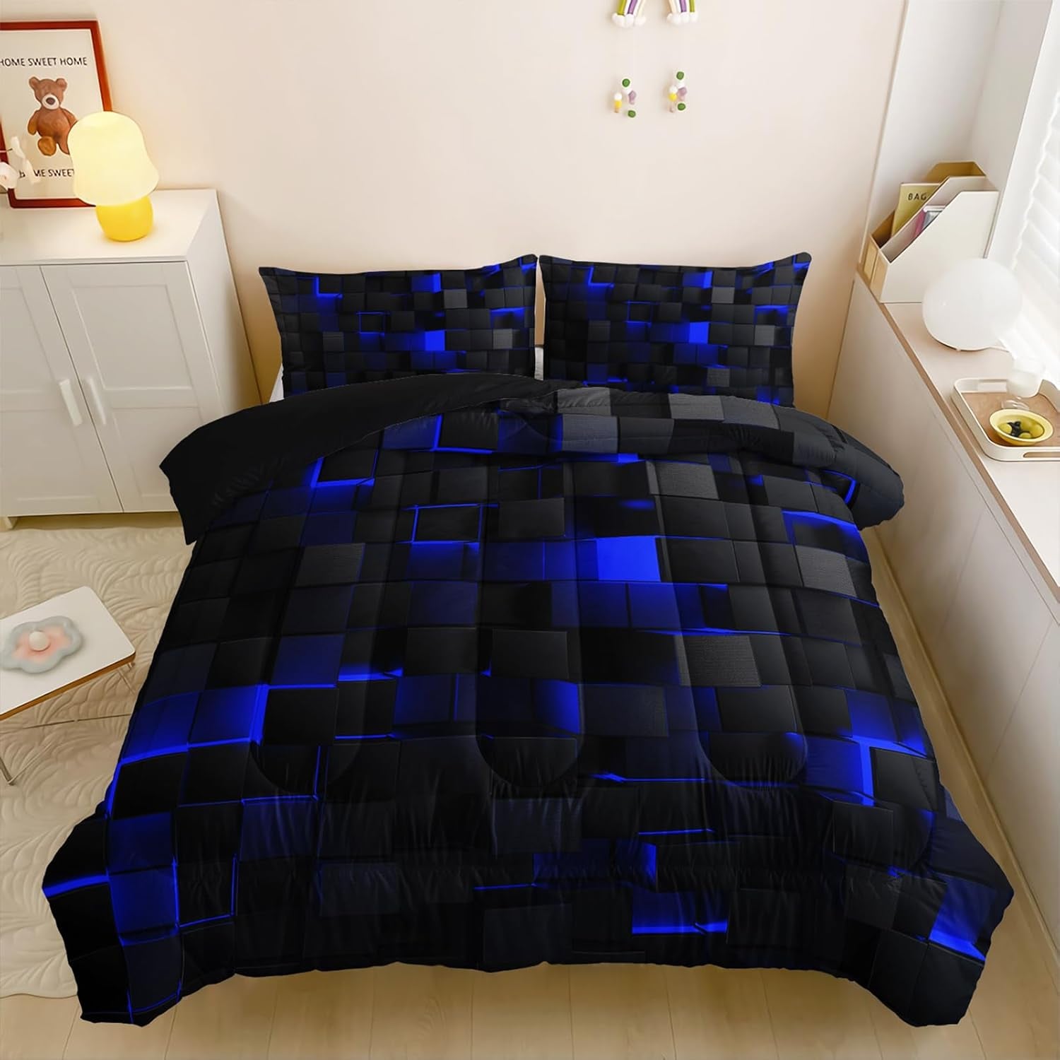 Nttopship Neon Blue Black Comforter Set King Geometric Kids Bedding Set,3 PCS Geometry Honeycomb Bed Set Modern Quilt Set 1 Comforter 2 Pillow Cases Cool Room Decor All Season B-Side Black