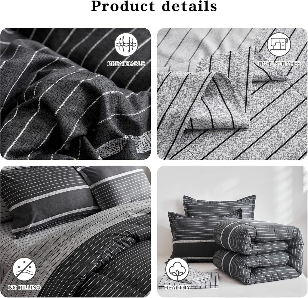Flysheep Ombre Boho Striped Bed in a Bag 7 Pieces Queen Size, White Striped on Black Dark Gray Comforter Sheet Set (1 Comforter, 1 Flat Sheet, 1 Fitted Sheet, 2 Pillow Shams, 2 Pillowcases)