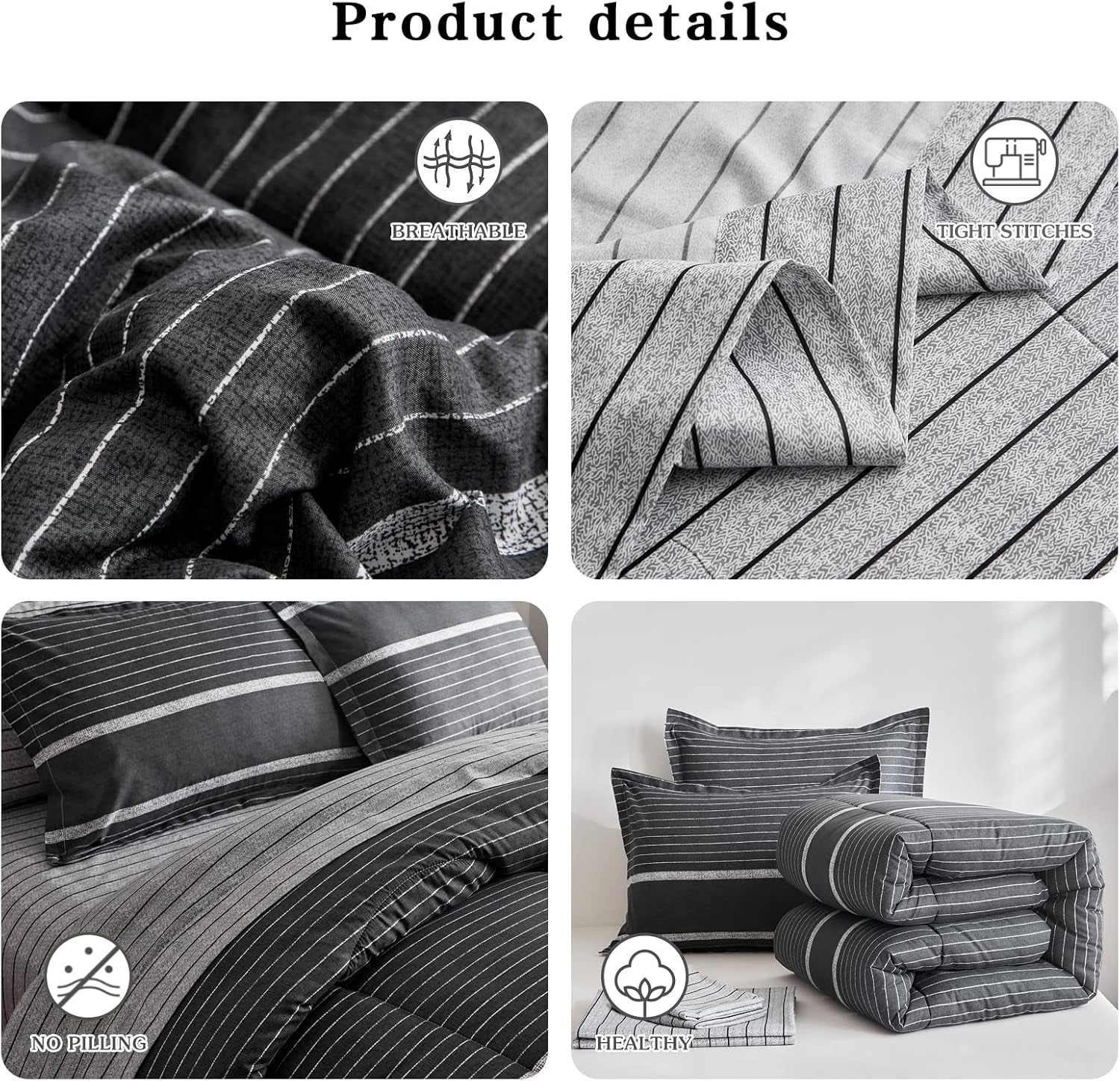 Flysheep Ombre Boho Striped Bed in a Bag 7 Pieces Queen Size, White Striped on Black Dark Gray Comforter Sheet Set (1 Comforter, 1 Flat Sheet, 1 Fitted Sheet, 2 Pillow Shams, 2 Pillowcases)