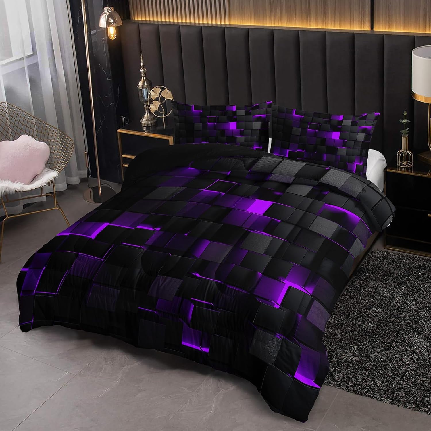 Nttopship Neon Purple Black Comforter Set Queen Geometric Kids Bedding Set,3 PCS Geometry Honeycomb Bed Set Modern Quilt Set 1 Comforter 2 Pillow Cases Cool Room Decor All Season B-Side Black