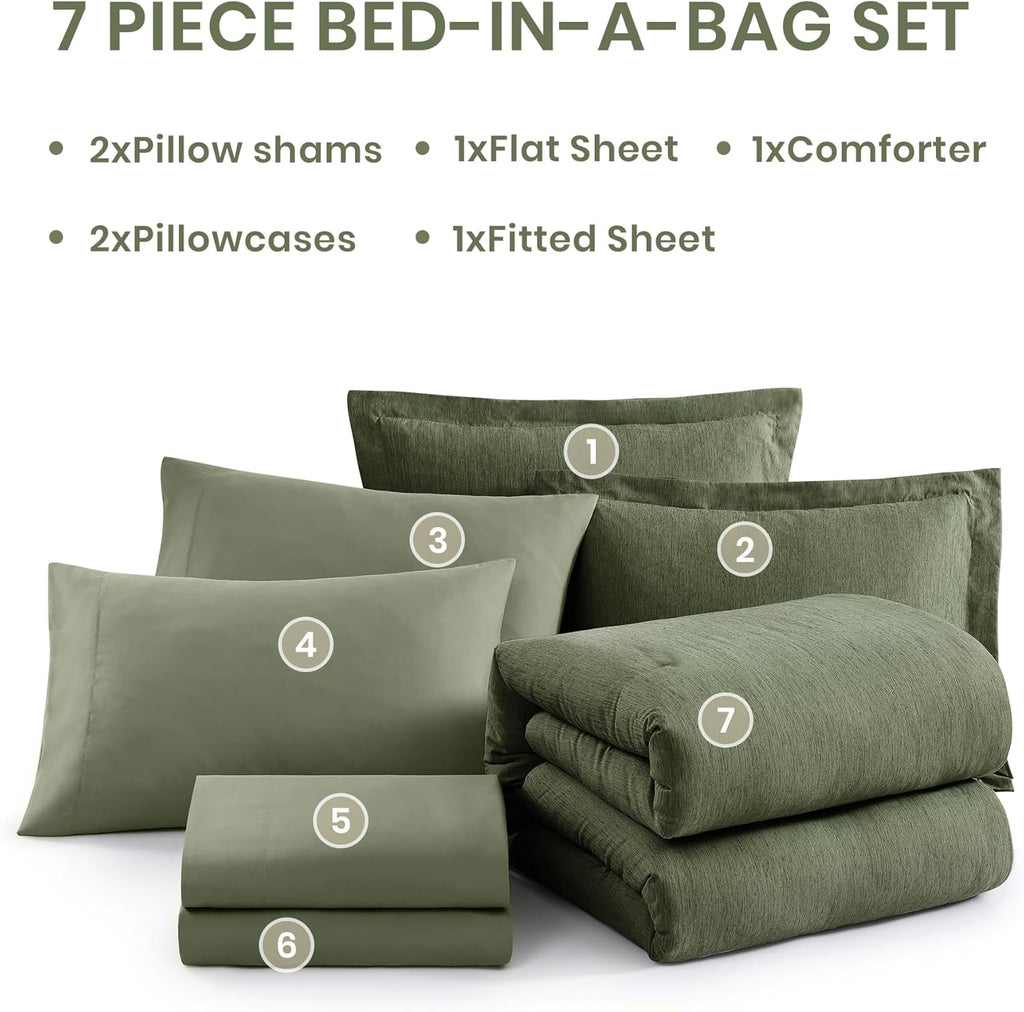Monbix Queen Comforter Set - 7 Pieces Cationic Dyeing Olive Green Bed in a Bag Queen Bedding Sets with Comforter, Sheets, Pillowcases & Shams, Reversible Bedding Comforters Sets