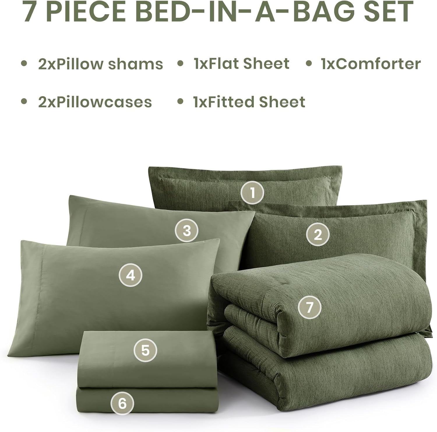 Monbix Queen Comforter Set - 7 Pieces Cationic Dyeing Olive Green Bed in a Bag Queen Bedding Sets with Comforter, Sheets, Pillowcases & Shams, Reversible Bedding Comforters Sets