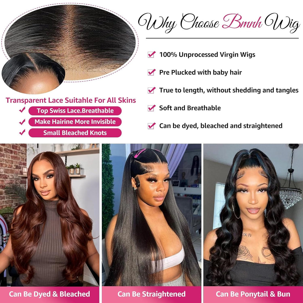 BMNH 13X6 Lace Front Wigs Human Hair 200 Density Body Wave HD Lace Front Wigs Human Hair 13X6 HD Lace Frontal Glueless Wigs Human Hair Pre Plucked Brazilian Virgin Wig for Women (28 Inch)