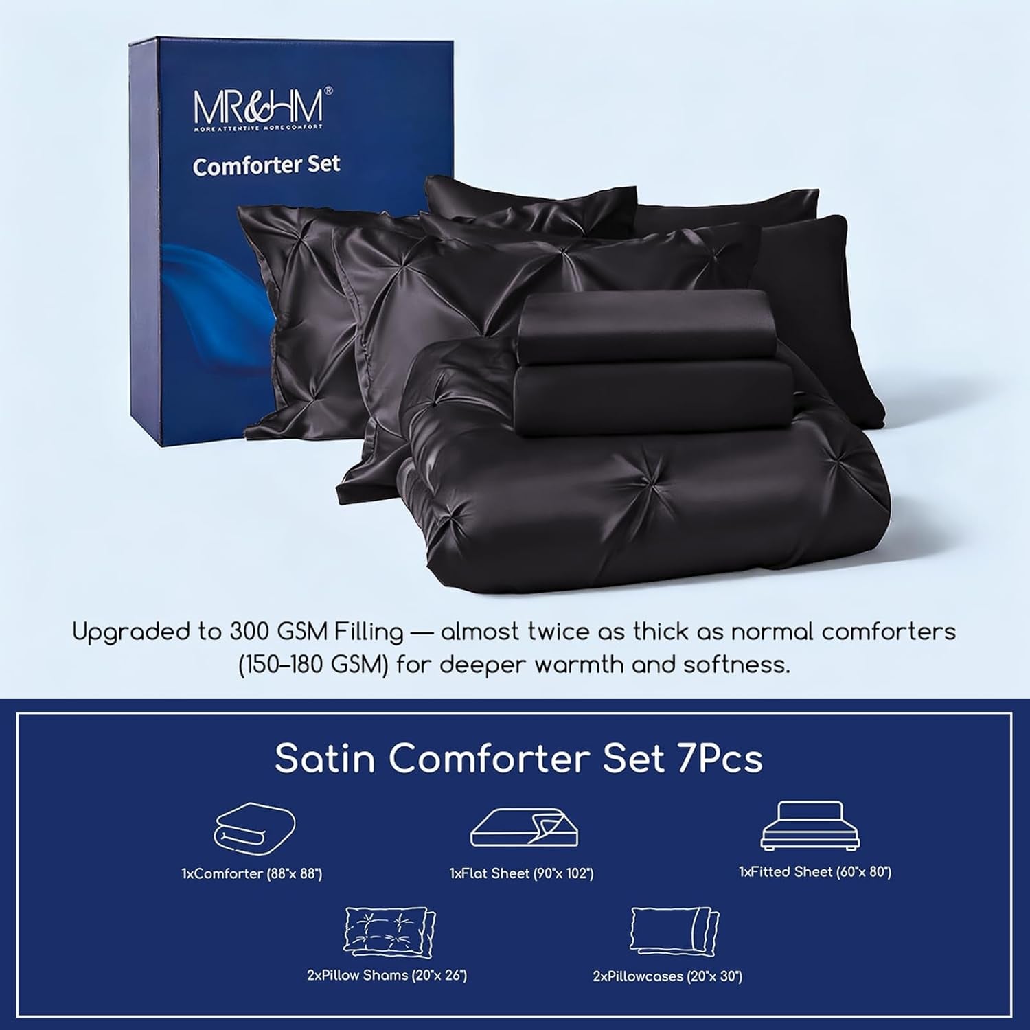 MR&HM Satin Comforter Queen 7 Pieces - Luxurious Pinch Pleat Bedding Set with Comforter, Flat Sheet, Fitted Sheet, Pillowcases & Shams, Super Silky Soft Bed Set for All Season (Queen, Black)