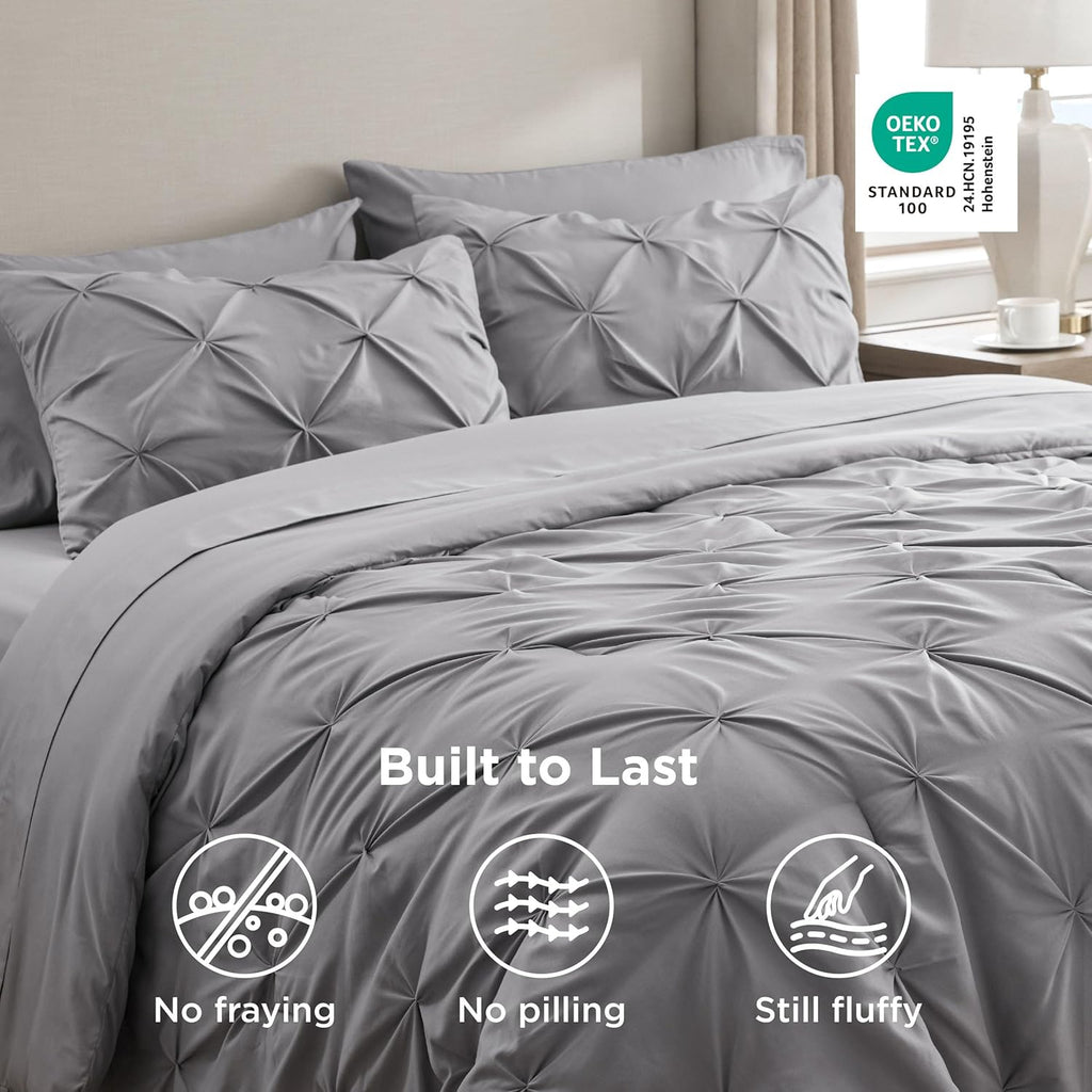 Bedsure Queen Comforter Set Grey - Bed in a Bag Queen Size Bedding 7 Pieces, Gentlesoft™ Pintuck Bed Set Gift for Family, All Season down Alternative Comforter with Sheets, Pillowcases & Shams
