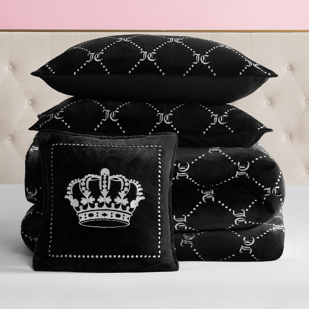 Juicy Couture Plush Reversible Trellis Link 4-Piece Full/Queen Comforter Set with Decorative Pillow, Black
