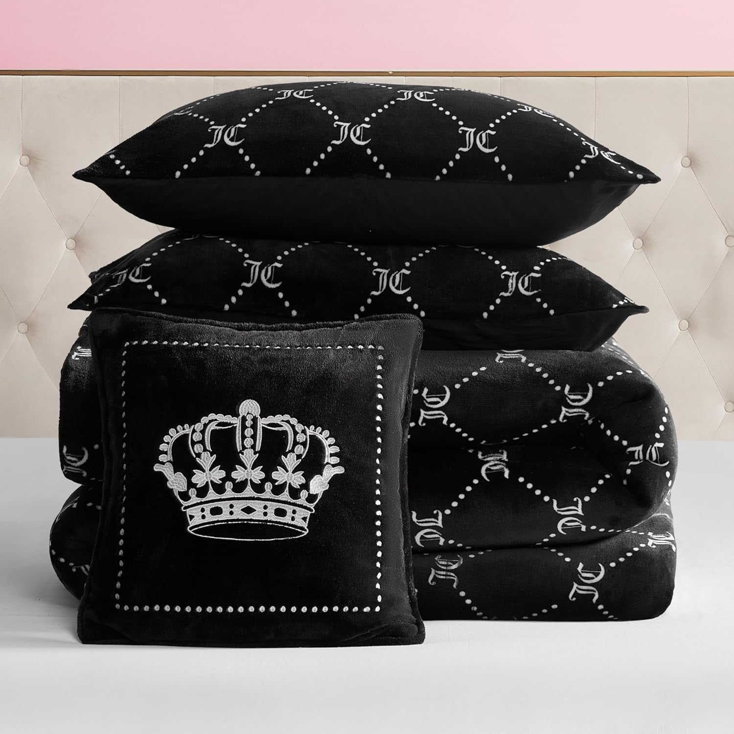 Juicy Couture Plush Reversible Trellis Link 4-Piece Full/Queen Comforter Set with Decorative Pillow, Black