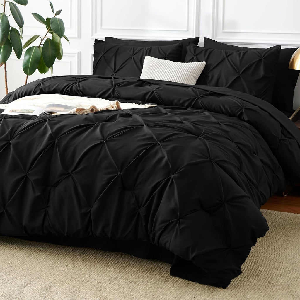 Pintuck Bed in a Bag, 7 Pieces Queen Size Comforter Set Black, Luxury Pinch Pleat Bed in a Bag, Soft All Season Bedding Sets with Comforter, Flat Sheet, Fitted Sheet and Pillowcases & Shams