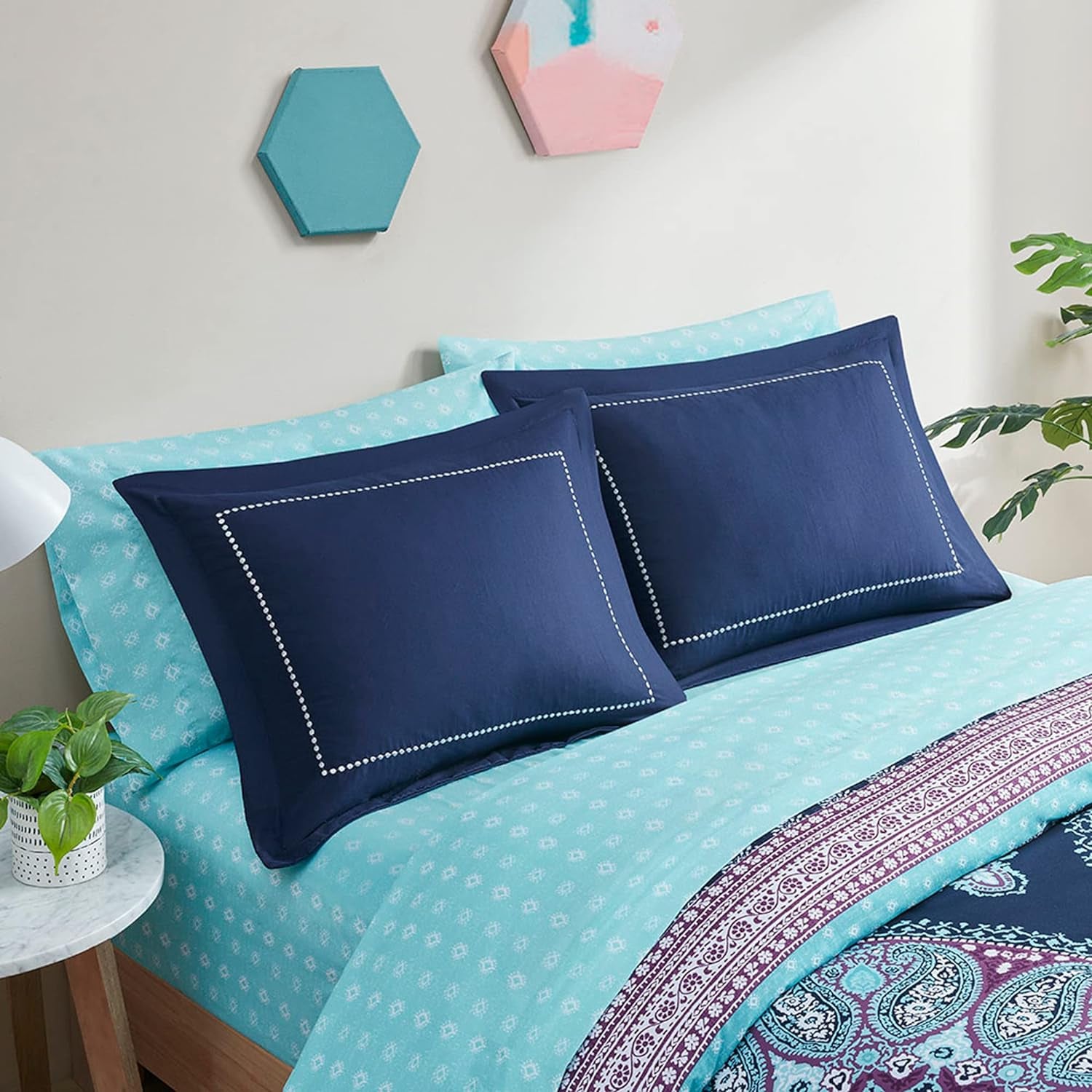 Degrees of Comfort Queen Bed Set, Boho Mandala Comforter Sets with Sheets,Blue Microfibe Bed in a Bag with Side Pockets, Matching Decorative Pillow, 8 Piece Navy