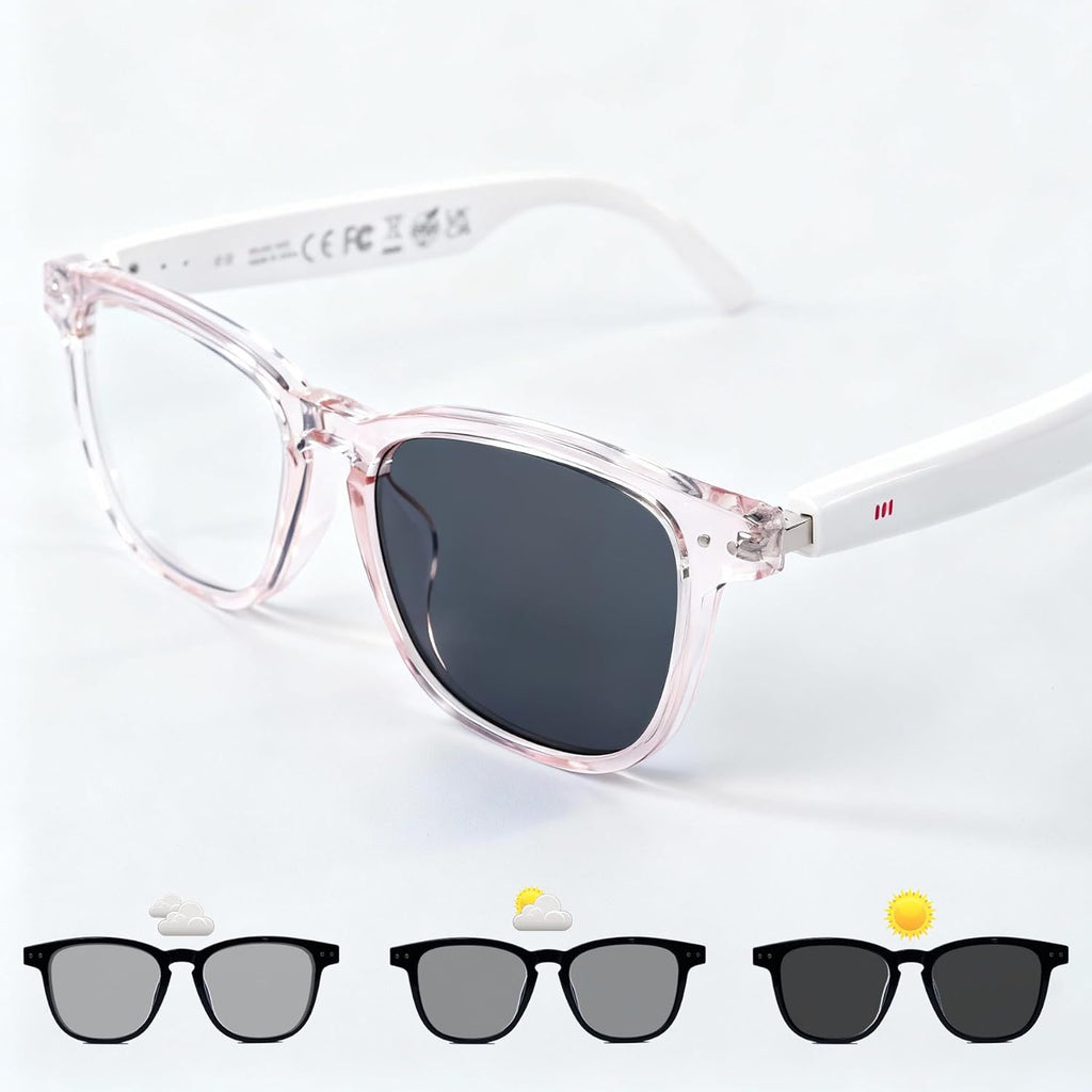 AI Smart Glasses, anti Blue Light Bluetooth Translation Glasses with 164 Hands-Free Calls & Audio Multifunctional Smart Sunglasses for Men Women Travel Trade Business (Kl01-White-Color-Change-Lens)