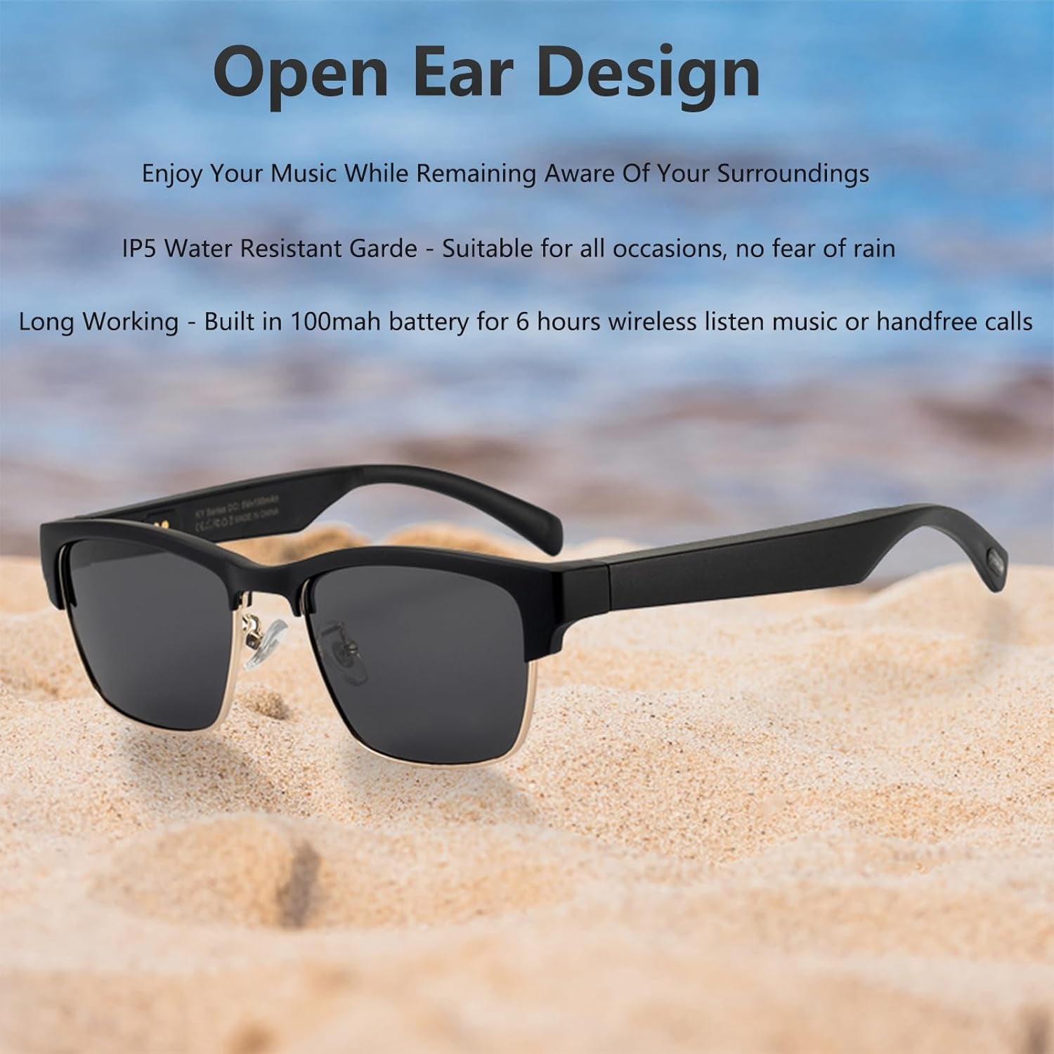 Bluetooth Glasses for Men,Smart Glasses,Bluetooth Sunglasses,Ip5 Water Resistant 6H Music Call for All Smart Devices-Blue Light Blocking (Sunlens-Gold)