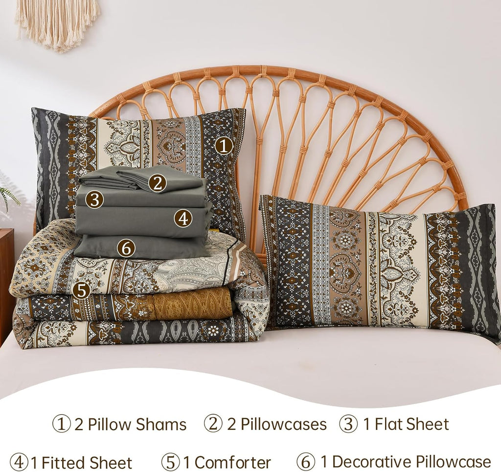 Cottolester Boho Queen Comforter Set 8 Pieces,Brown Black Bohemian Comforter Paisley Striped Bed in a Bag,Soft Microfiber Bedding Set for All Season