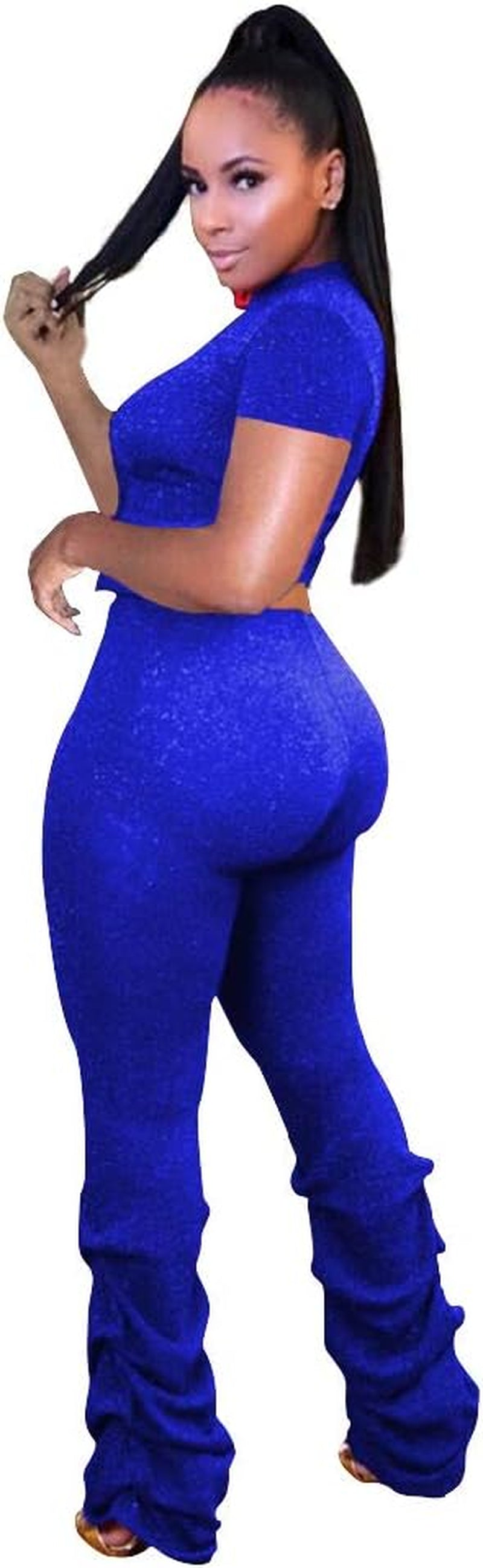 Mintsnow Jumpsuits for Women Casual 2 Piece Sets Sexy Crop Tops Stacked Pants Sweat Suits Blue M