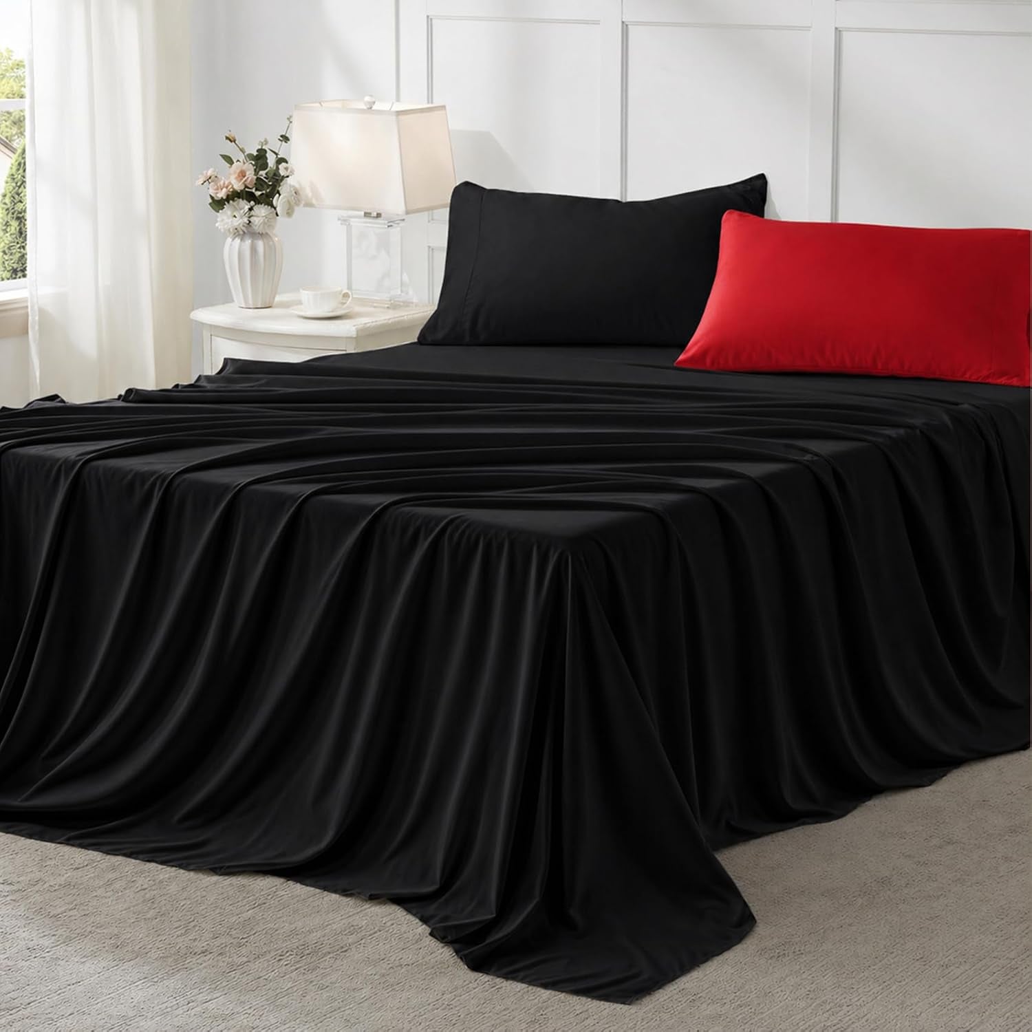 Anluoer King Size Comforter Set 7 Pieces, Reversible Bed in a Bag King Size,Lightweight Bedding Set with Comforter(102"X90"), 2 Pillow Shams, 2 Pillowcases, 1 Flat Sheet, 1 Fitted Sheet,Red & Black