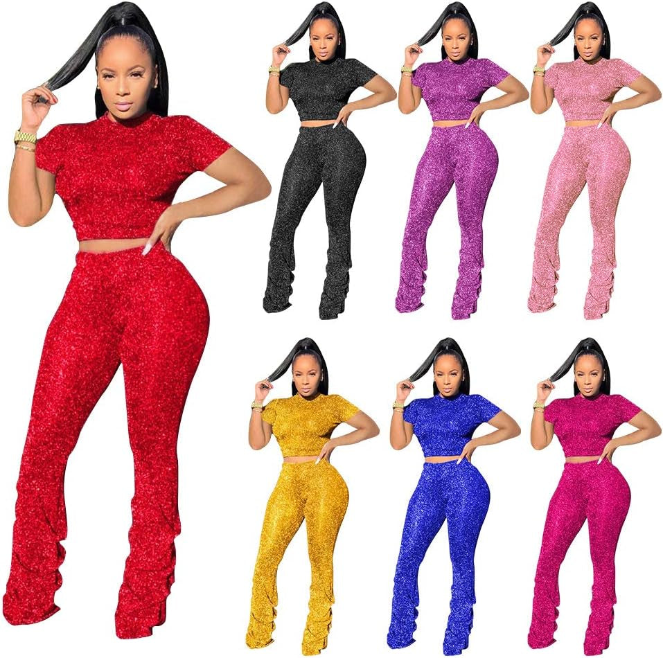 Mintsnow Jumpsuits for Women Casual 2 Piece Sets Sexy Crop Tops Stacked Pants Sweat Suits Blue M