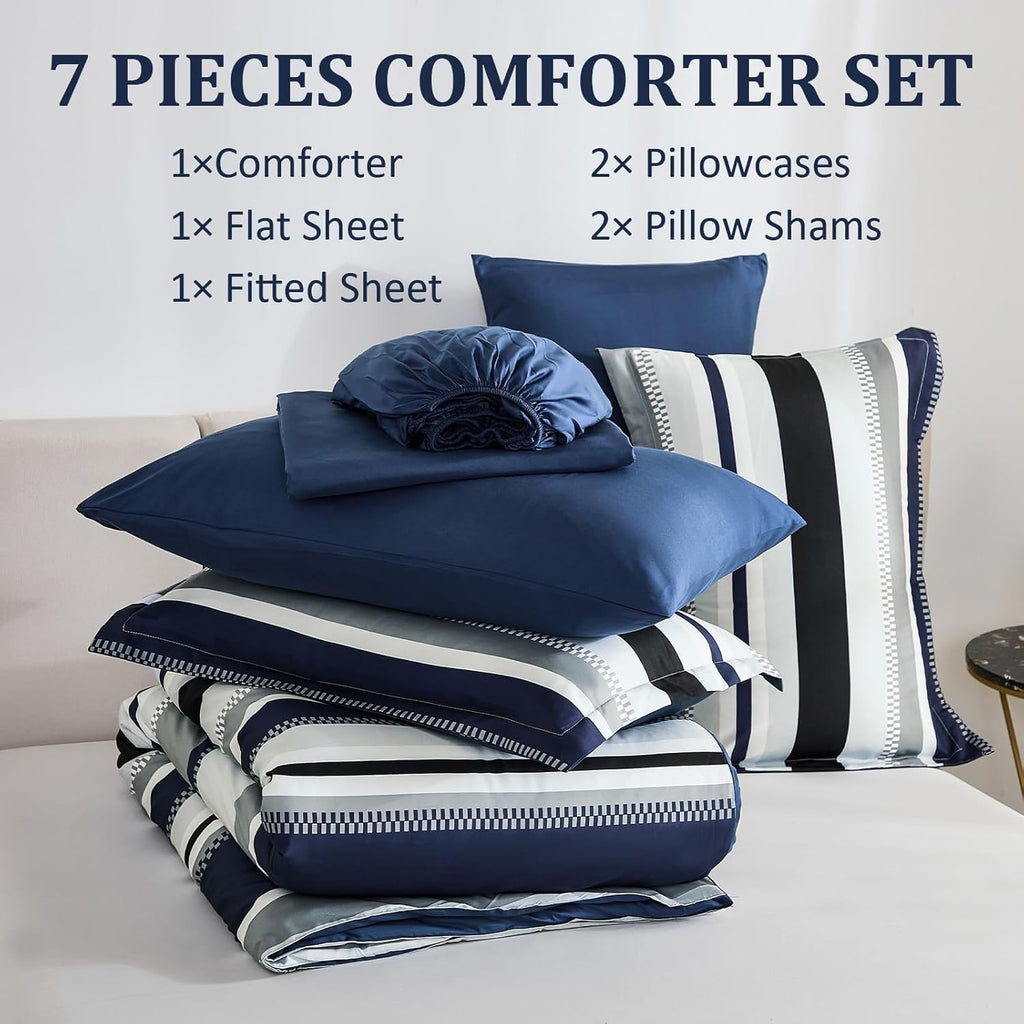 WONGS BEDDING Queen Comforter Set, 7 Pieces Navy Blue Comforter Set Queen Size, Soft Striped Bed in a Bag Bedding Set with Comforter, Flat Sheet, Fitted Sheet, Pillow Shams, Pillowcase