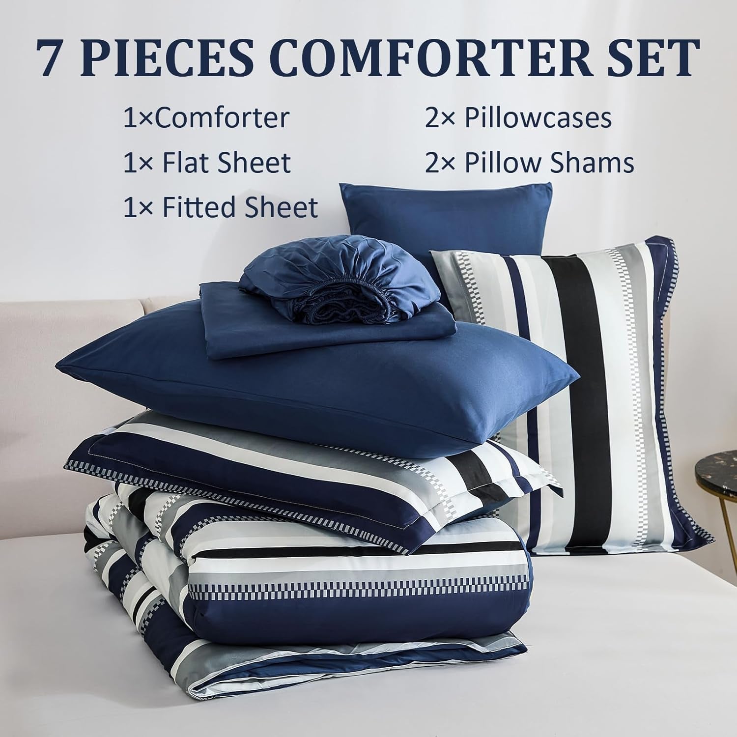 WONGS BEDDING Queen Comforter Set, 7 Pieces Navy Blue Comforter Set Queen Size, Soft Striped Bed in a Bag Bedding Set with Comforter, Flat Sheet, Fitted Sheet, Pillow Shams, Pillowcase
