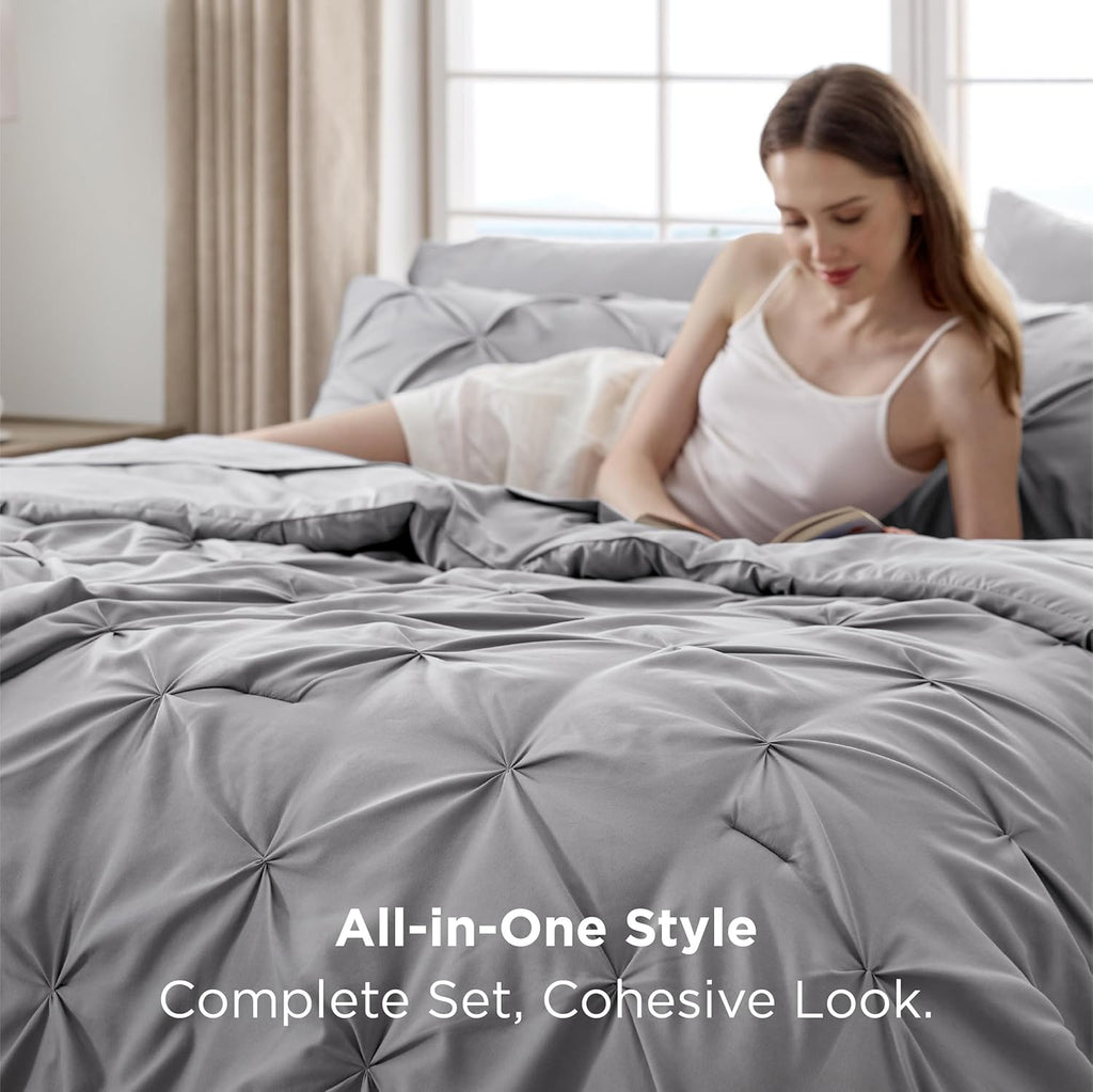 Bedsure Queen Comforter Set Grey - Bed in a Bag Queen Size Bedding 7 Pieces, Gentlesoft™ Pintuck Bed Set Gift for Family, All Season down Alternative Comforter with Sheets, Pillowcases & Shams