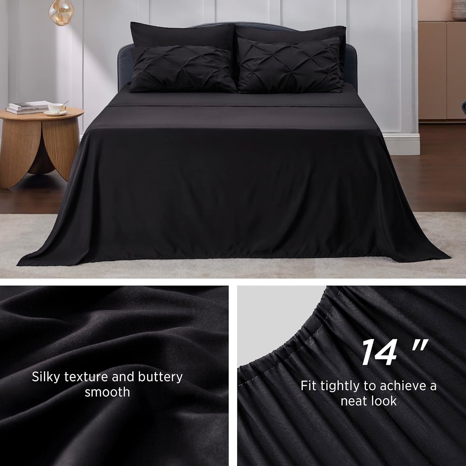 Bedsure Black Comforter Set - Bed in a Bag Queen Size Gothic Bedding 7 Pieces, Gentlesoft™ Pintuck Bed Set Gift for Family, All Season down Alternative Comforter with Sheets, Pillowcases & Shams